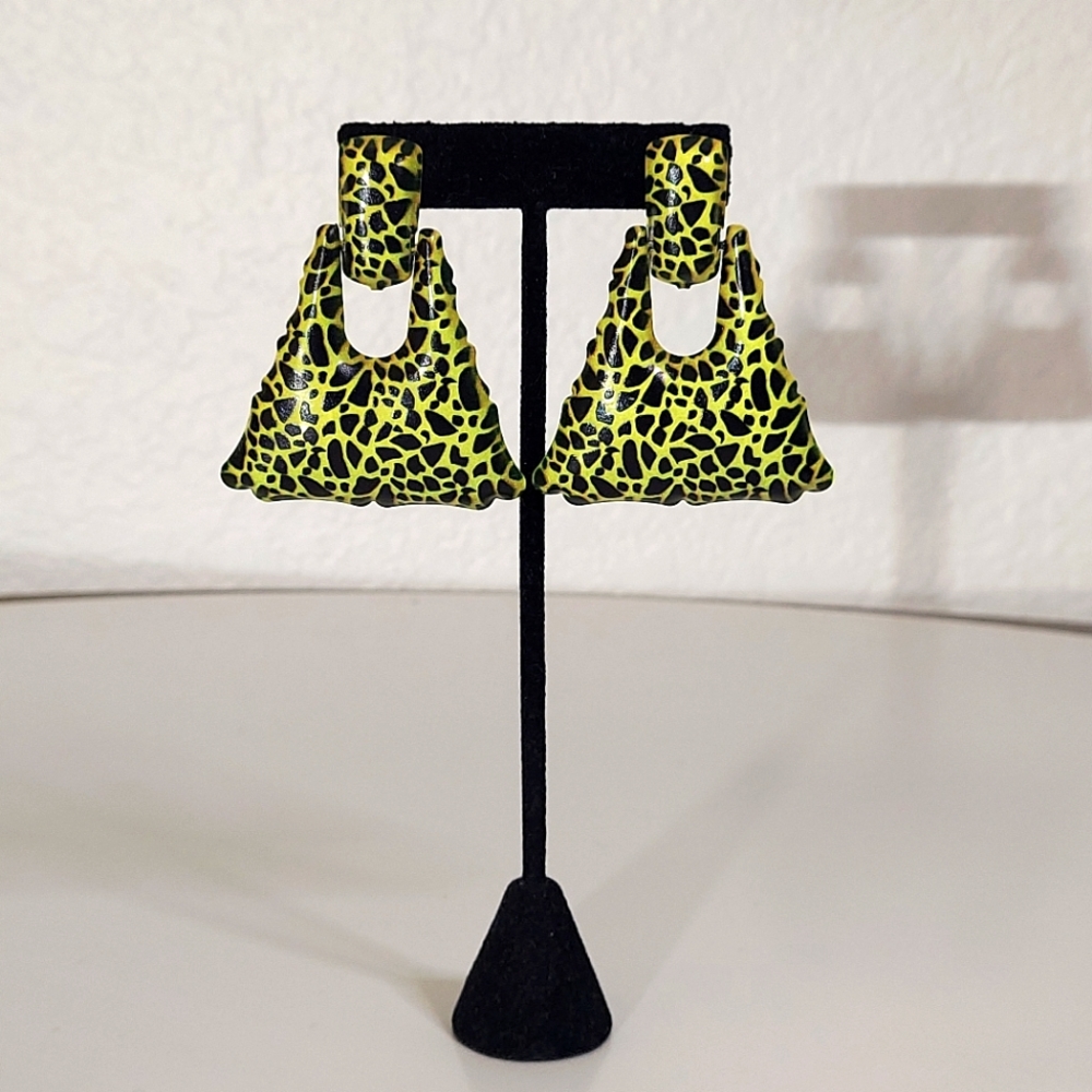 Neon Yellow Animal Print Door Knocker Earrings